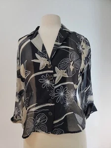 Chicos Silk Sheer Blouse Size 0 Black Tan Floral US Small/4 - Foto 1 di 12