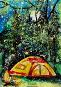 ORIGINAL ACEO Painting CAMPING Summer Tree Fireflies Night Stars Fun ATC ART - Picture 1 of 1