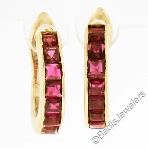 Solid 14k Yellow Gold 1ctw Channel Set Square Step Cut Ruby Huggie Hoop Earrings - Picture 1 of 6