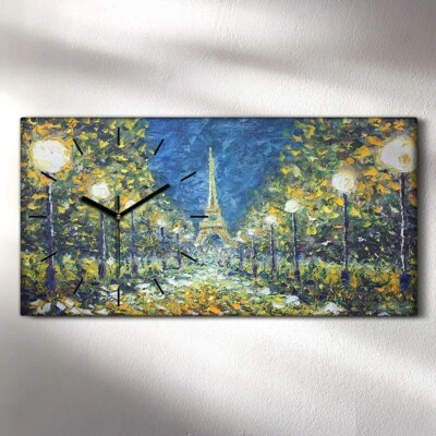 Wanduhr Uhr Wandbild Leinwand 60x30 Ölgemälde Park Bäume Eiffelturm Nacht - Bild 1 von 4