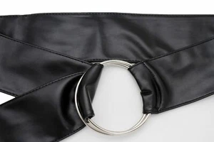 Damen Schwarz Kunstleder Hohe Taille Hüfte Breit Stoff Mode Gürtel Ring Größe M L - Bild 1 von 12