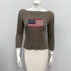 Polo Jeans Co. Ralph Lauren drapeau pull taupe blanc cassé rouge et marine côtelé M S - Photo 1/6