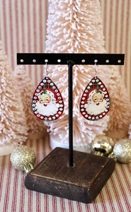 VINTAGE Jolly SANTA CLAUS Pendant NECKLACE & Dangle EARRINGS Red Green Plaid - Picture 1 of 6
