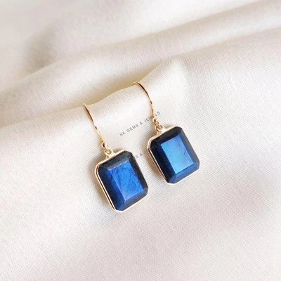 Pendientes de labradorita natural de 12,06 quilates de oro macizo de 14 quilates corte octágono piedra de nacimiento regalo Foto 1 de 4
