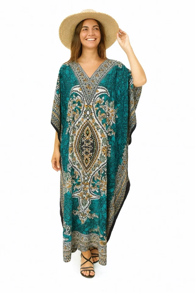 .Free Size Kaftan Tunic Holiday Dress Beach Cover up fits 14,16,18,20,22,24 - Image 1 of 1