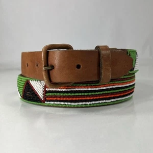 Colorful Hand Beaded Brown Leather Belt - Women's Size 35 - Picture 1 of 7