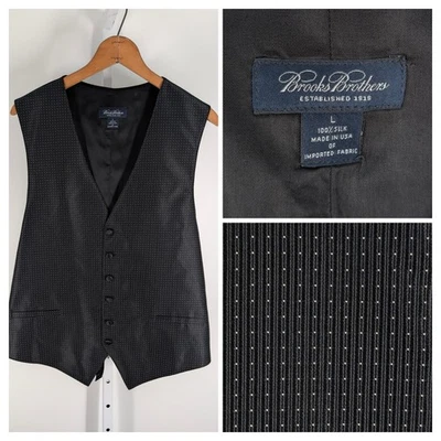 Brooks Brothers Chaleco Chaleco 100% Seda Negro Pindot Formal Esmoquin Traje L EE. UU. Foto 1 de 3