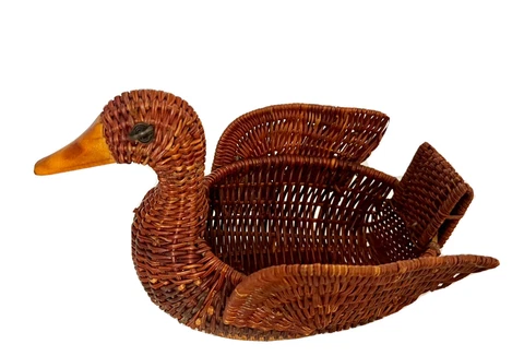 Wicker Duck Basket Planter Woven Rattan Boho Decor Vintage Wood Bill Button Eyes Cover