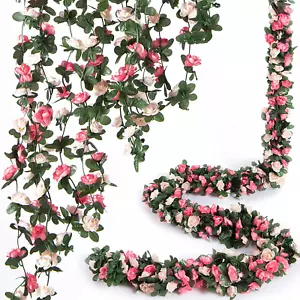 8 Pcs 66FT Flower Garland Artificial Rose Vine Flowers with Leaves Pink Flower - Picture 1 of 8