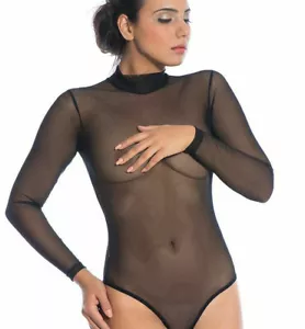 Women Bodysuit Long Sleeve Leotard Net Lingerie see through Black Top Bodie - Picture 1 of 20