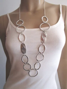 Damen Hals Kette lang Modekette Gliederkette Silber Statement Blogger Lagenlook - Bild 1 von 5