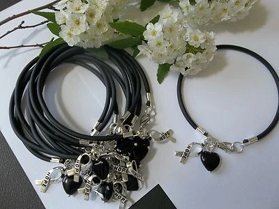 10 MELANOMA SKIN CANCER AWARENESS  BRACELETS/BLACK/'HOPE' RIBBON CHARM/HEART - Image 1 of 4