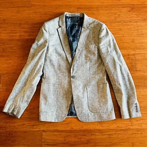 ASOS Mens Blazer Jacket Coat 40 Reg R Grey Textured Navy Blue World Map Lining - Picture 1 of 24