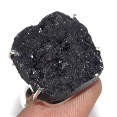 Anillo druzy de ágata negra enchapado en plata 925 piedras preciosas hecho a mano tamaño EE. UU. 9 GW Foto 1 de 3