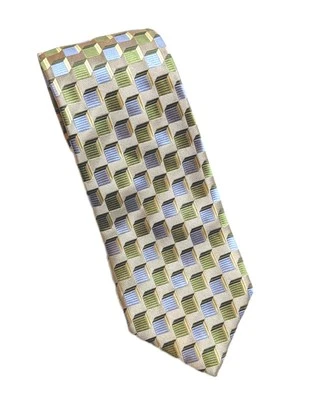 NUEVA CORBATA XMI Platino 100% Seda Oliva y Azul Geométrico 3D Bloques Patrón Nueva con Etiquetas Foto 1 de 4