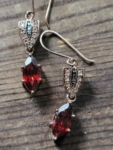 Vintage Marquise 925 Sterling Vermeil Garnet Earrings Marked KH Dangle Pierced - Picture 1 of 6
