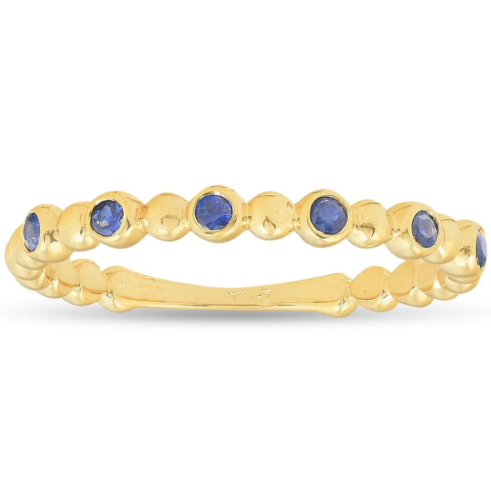 Anillo de oro amarillo de 14k zafiro azul banda apilable con cuentas de 1/8ct para mujer Foto 1 de 4
