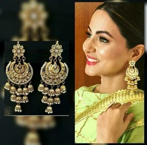 Indian Bollywood Gold Plated Chandbali + Jumki Kundan Earrings For Women . - Picture 1 of 4