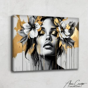 Arte da parete nera e oro tela incorniciata decorazione glam astratto ritratto femminile - Foto 1 di 10