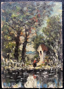 Oil Painting Wayside Cross Impressionist Miniature° Girl Antique Unsigned - Picture 1 of 3
