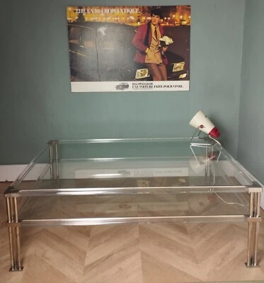 Grande table basse en chrome et plexiglas Années 70 - Photo 1/4
