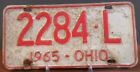 Vintage Original 1965 OHIO, OH, License Plate, 2284-L, White & Red