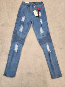 Sweet Look Skinny Biker Jeans Medium Wash Distressed Stretch Tapered Sz 7 - Picture 1 of 13
