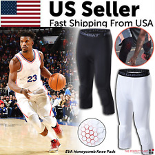 Men's Basketball Sports Tight Pants 3/4 Compression Workout Leggings Knee Pads