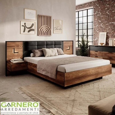 Letto matrimoniale testiera imbottita 160x200cm contenitore quercia nero SMOOTY - Immagine 1 di 4