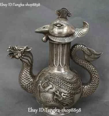 Olla de vino botella bandera animal Phoenix dragón plata antigua china marcada de 8" Foto 1 de 4