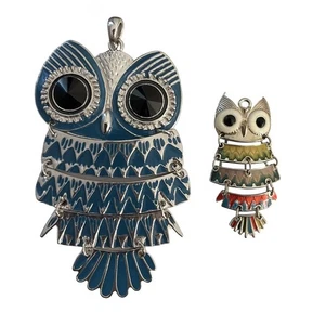Vintage Owl Pendants Lot  (2) Silver Tone 4 Part Movement Multicolor Wise Old - Picture 1 of 7