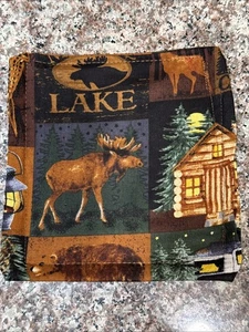Handmade Fabric Jar Opener With Cabin moose Lake Background & Rubber Backing - Picture 1 of 8