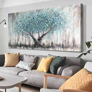 Arte de pared de árbol lienzo para sala de estar azul árbol de la vida naturaleza verde azulado texto abstracto - Imagen 1 de 7