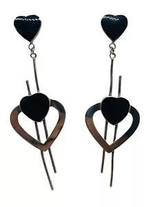 Large Heart Black Onyx Vintage 925 Sterling Silver Dangle Drop Earrings - Picture 1 of 8