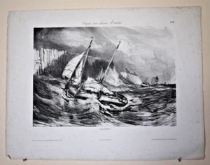 EUGENE ISABEY Croquis par divers Artistes (Fishing Boats in a stormy Sea) 1830 - Picture 1 of 3