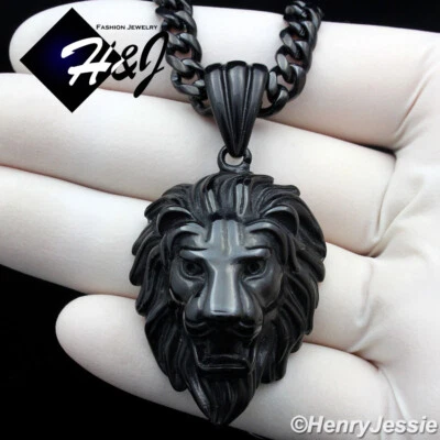 18-40"MEN Stainless Steel 6mm Black Plated Cuban Curb Necklace LION Pendant*B121 - Image 1 of 4