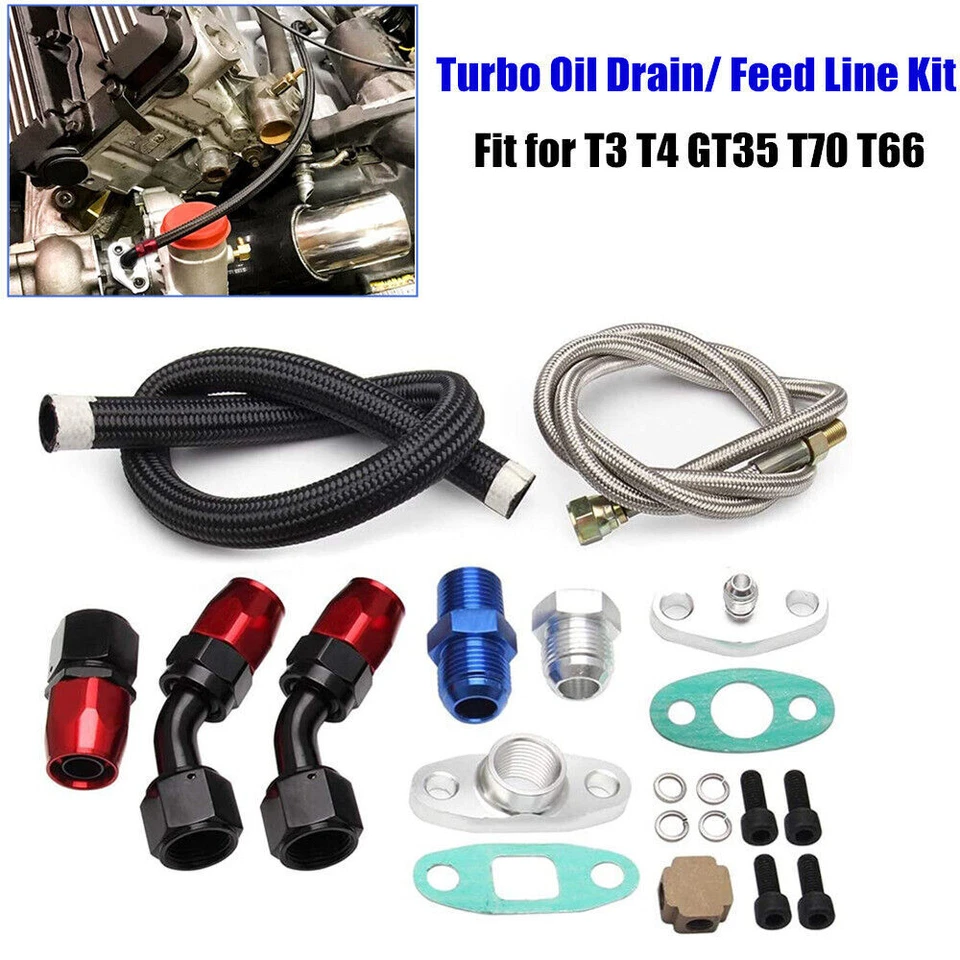 Kit completo de alimentação de óleo linha de drenagem turbo carregador EUA compatível com T3 T4 GT35 T70 T66 - Imagem 1 de 4