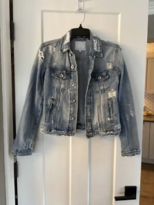 Zara Denim Distressed Button Down Jean Jacket Size Small EUC - Foto 1 di 8