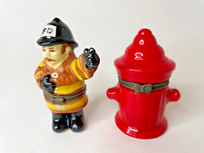Fireman Fire Hydrant Trinket Box Porcelain Hinged with 2 mini Trinkets