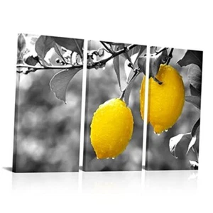 3 Piece Kitchen Canvas Wall Art Black and White Yellow Lemon Picture Painting - Picture 1 of 6