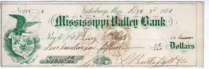 1870 MISSISSIPPI VALLEY BANK VICKSBURG BANK CHECK W/ REVENUE STAMP & VIGNETTE - Picture 1 of 1