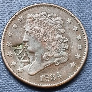 1834 Classic Head Half Cent 1/2c Copper Type Coin XF COUNTERSTAMPED A.V. #91628 - Picture 1 of 2