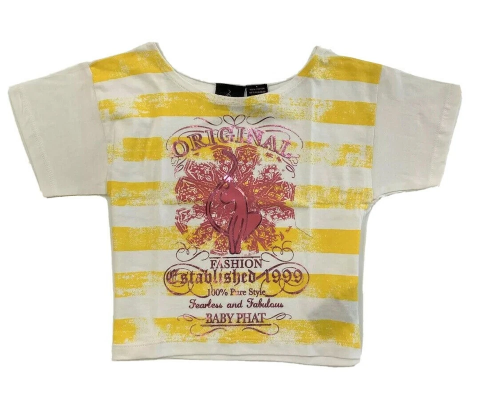 BABY PHAT GIRLS TOP - STRIPED YELLOW SZ 6X - SHIRT SHORT SLEEVE PRINTED PINK - Image 1 of 1