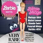 Vintage 1964 Mattel Lemon Blonde Swirl Ponytail Midge Barbie #850 Red Swimsuit