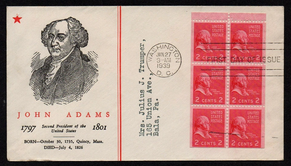 USA, SCOTT # 806-B, LINPRINT FDC COVER - JOHN ADAMS BOOKLET YEAR 1939 ADDRESSED - Image 1 of 1