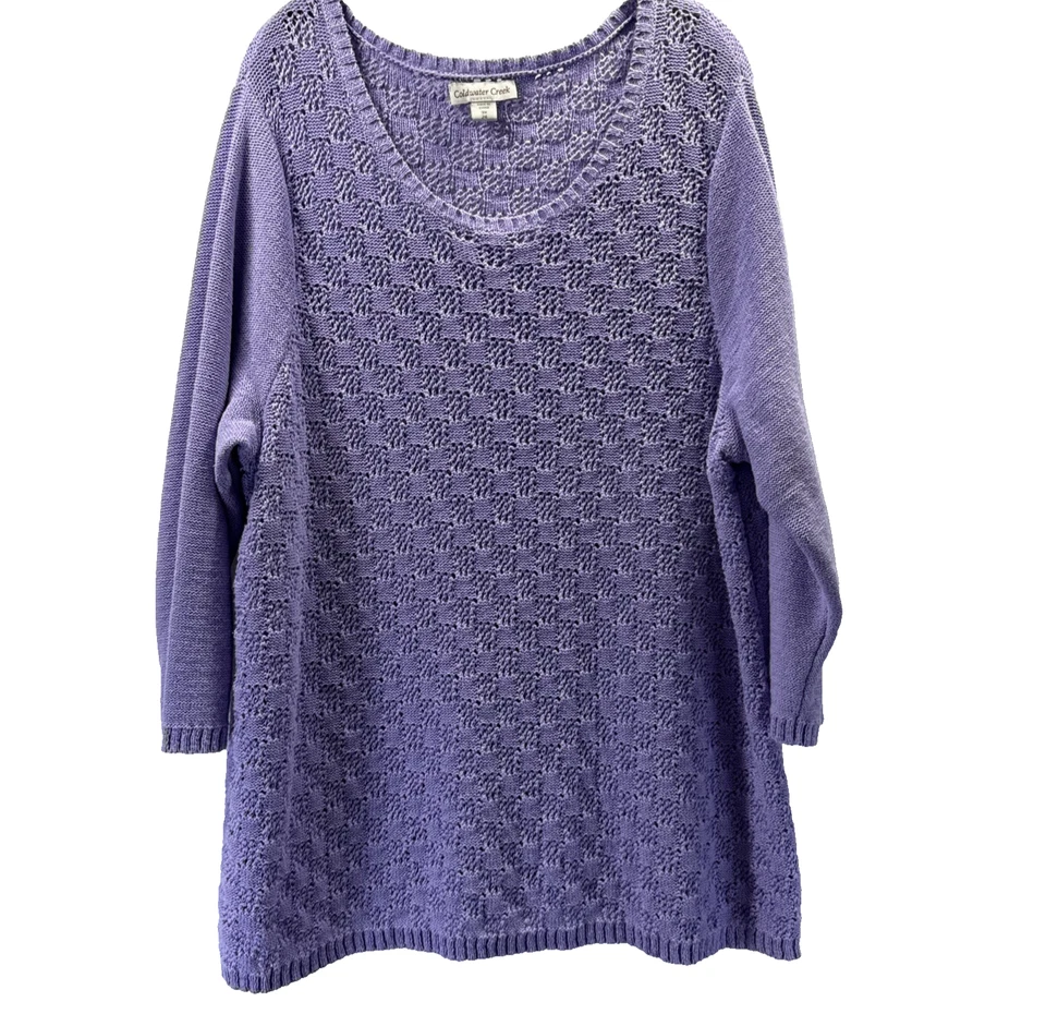Suéter para mujer Coldwater Creek 3X túnica de ganchillo de punto púrpura liso manga 3/4 Foto 1 de 4