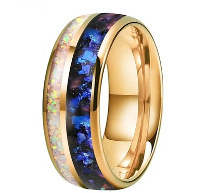 Anillo de carburo de tungsteno de 8 mm para hombres y mujeres banda nebulosa de Orión y ópalo blanco aplastado Foto 1 de 4