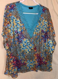 Tacera 3X blau Blumen Spitzenbesatz Tunika Top transparent Chiffon Bluse Boho Plus - Bild 1 von 6