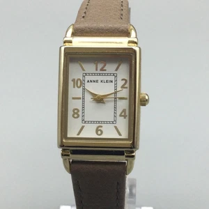 Anne Klein Watch Womens Rectangular Gold Tone Brown Leather Strap New Battery - Picture 1 of 15