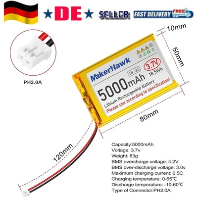 3,7 V 5000 mAh LiPo-Akku, wiederaufladbar, 1S 3C 105080 Lithium-Polymer-Akku - Bild 1 von 4